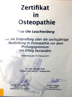 Bild des Zertifikates von Ute Leuchtenberg in Osteopathie